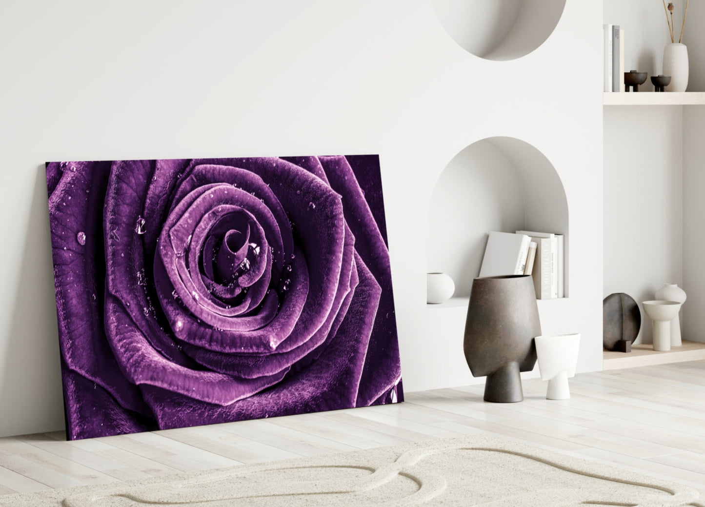 Dewdrop Violet Rose Spiral Bloom Glass Wall Art