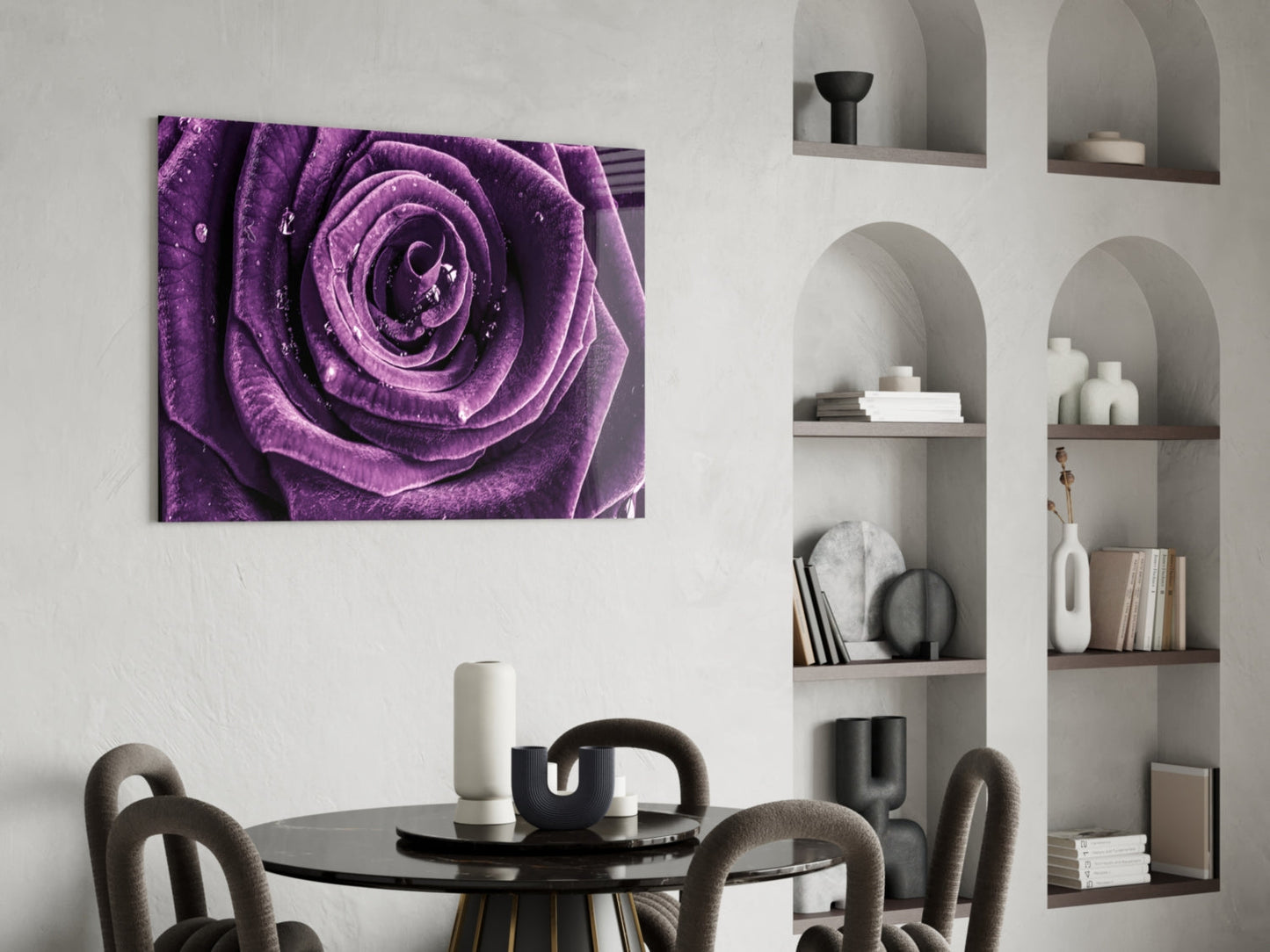 Dewdrop Violet Rose Spiral Bloom Glass Wall Art