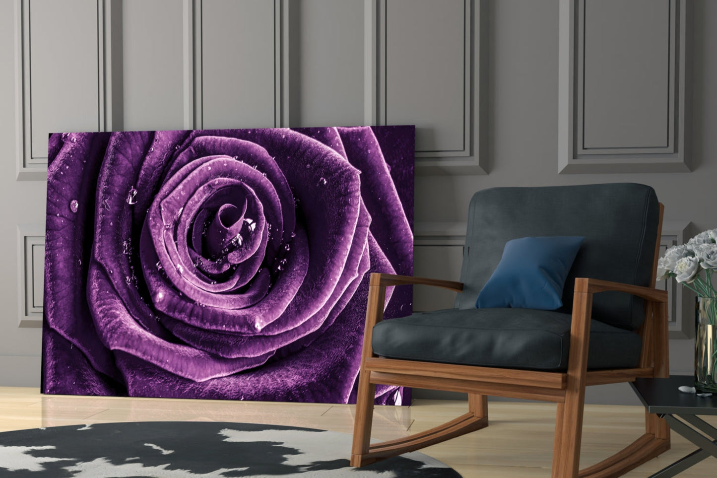 Dewdrop Violet Rose Spiral Bloom Glass Wall Art