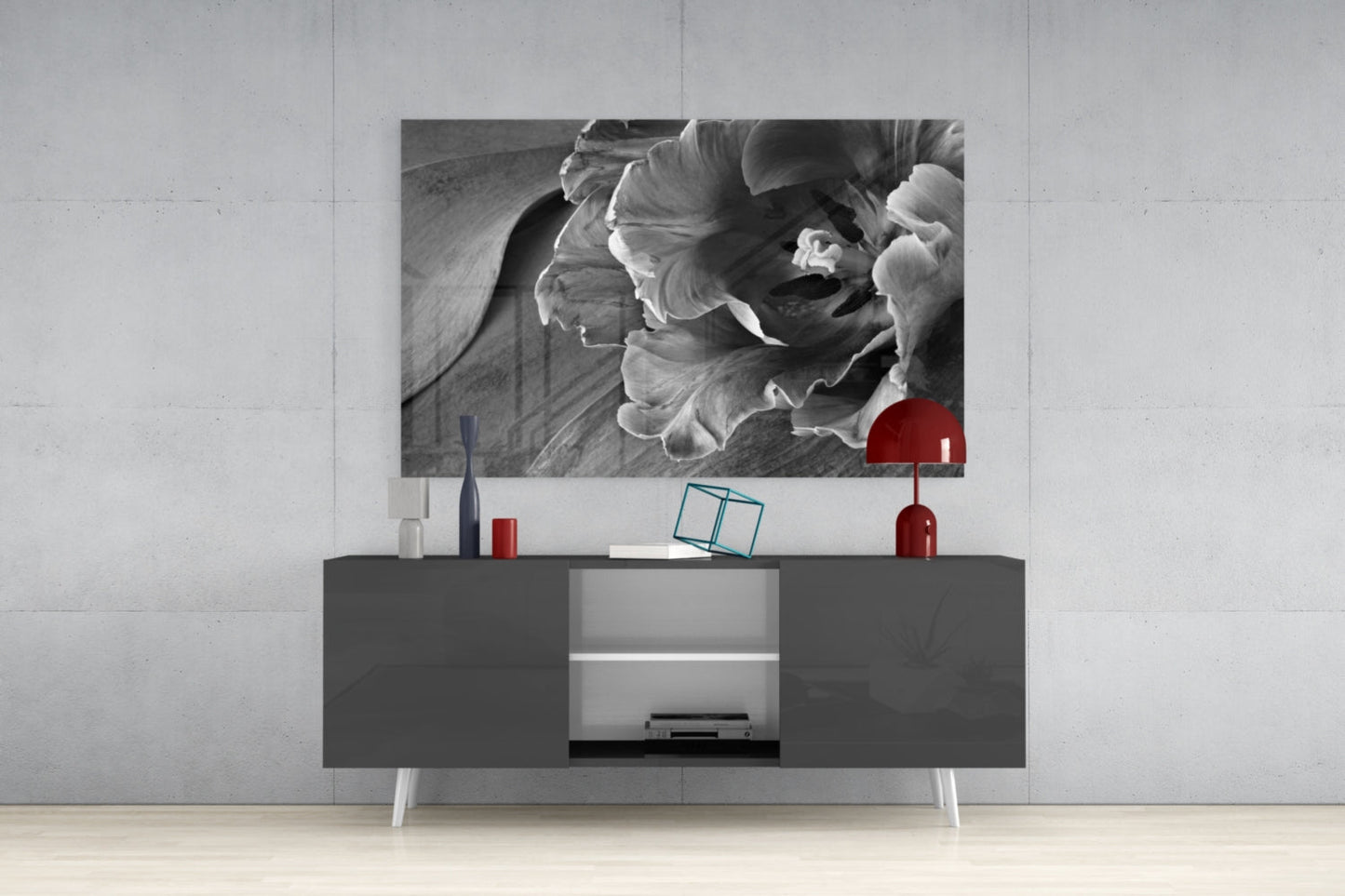 Monochrome Parrot Tulip Glass Wall Art