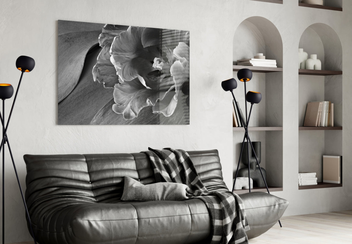 Monochrome Parrot Tulip Glass Wall Art
