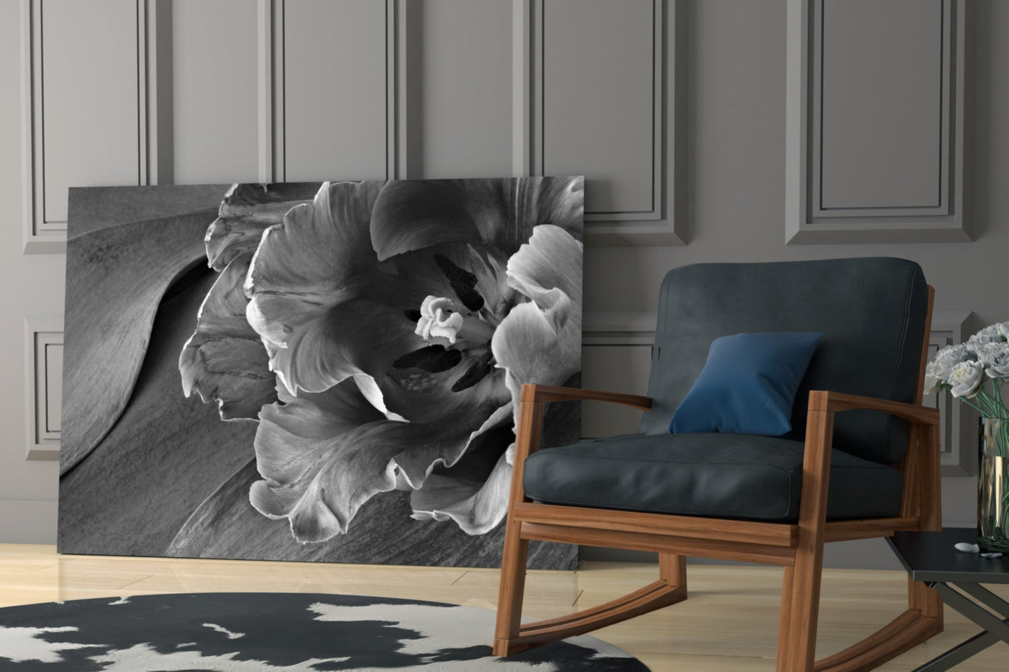 Monochrome Parrot Tulip Glass Wall Art