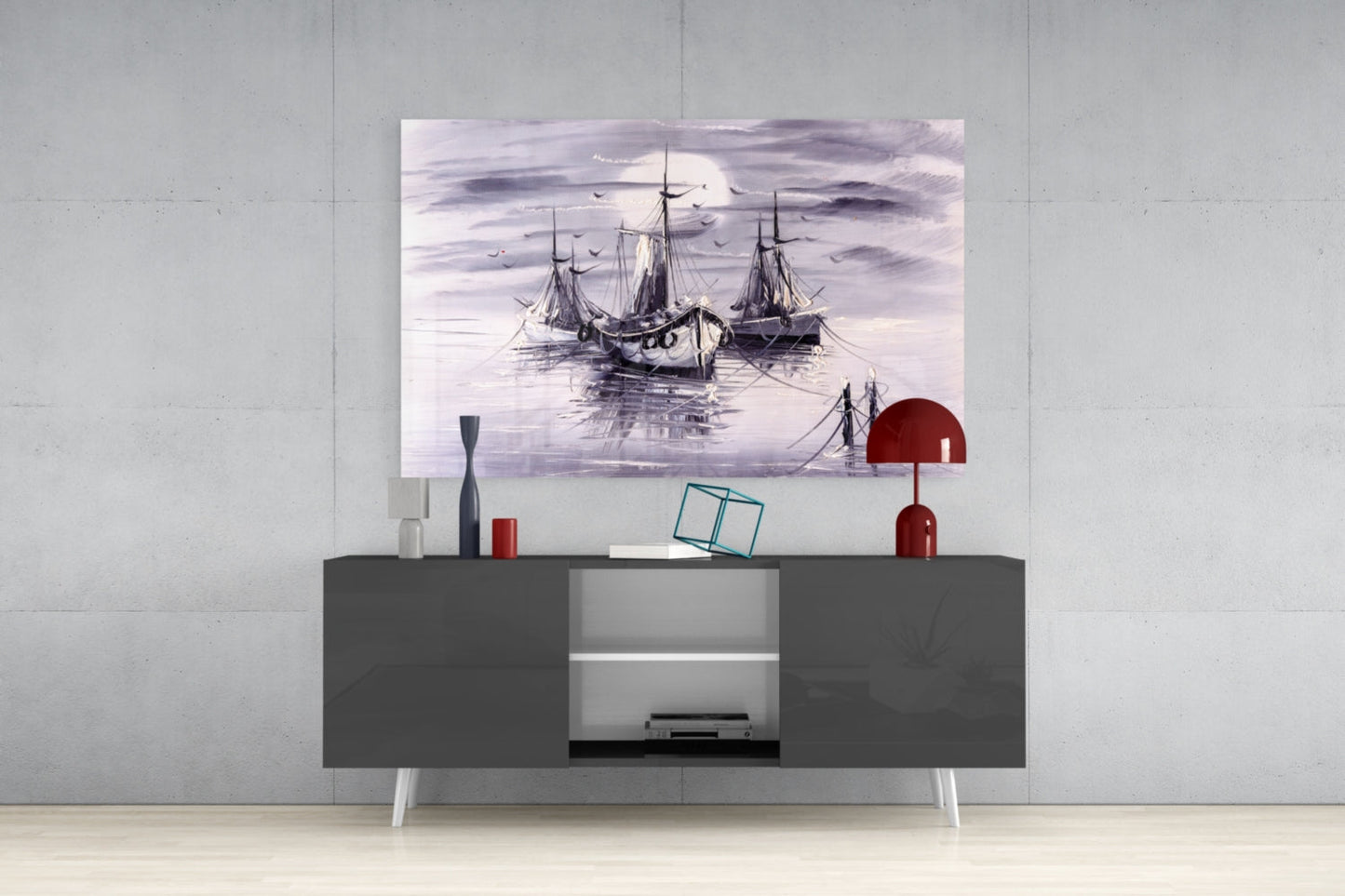 Moonlit Tall Ships In Lavender Mist Glass Wall Art