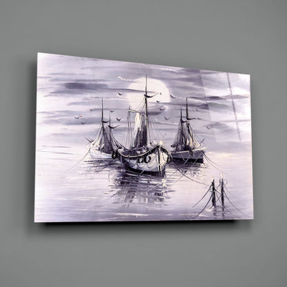 Moonlit Tall Ships In Lavender Mist Glass Wall Art