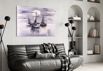 Moonlit Tall Ships In Lavender Mist Glass Wall Art