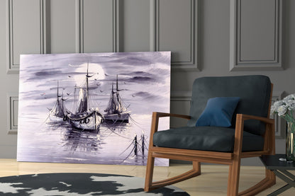 Moonlit Tall Ships In Lavender Mist Glass Wall Art