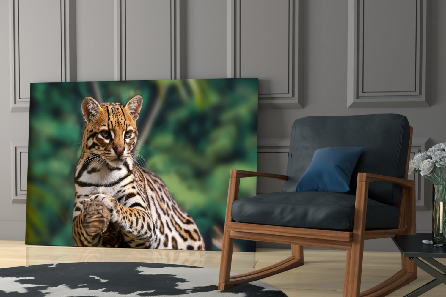 Glass wall art depicting a spotted ocelot with green foliage background, displayed in modern living room setting.
