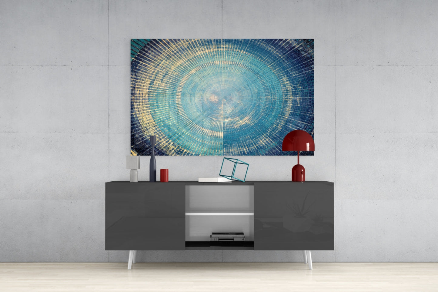 Blue and Gold Radial Rings Mosaic Glass Wall Art