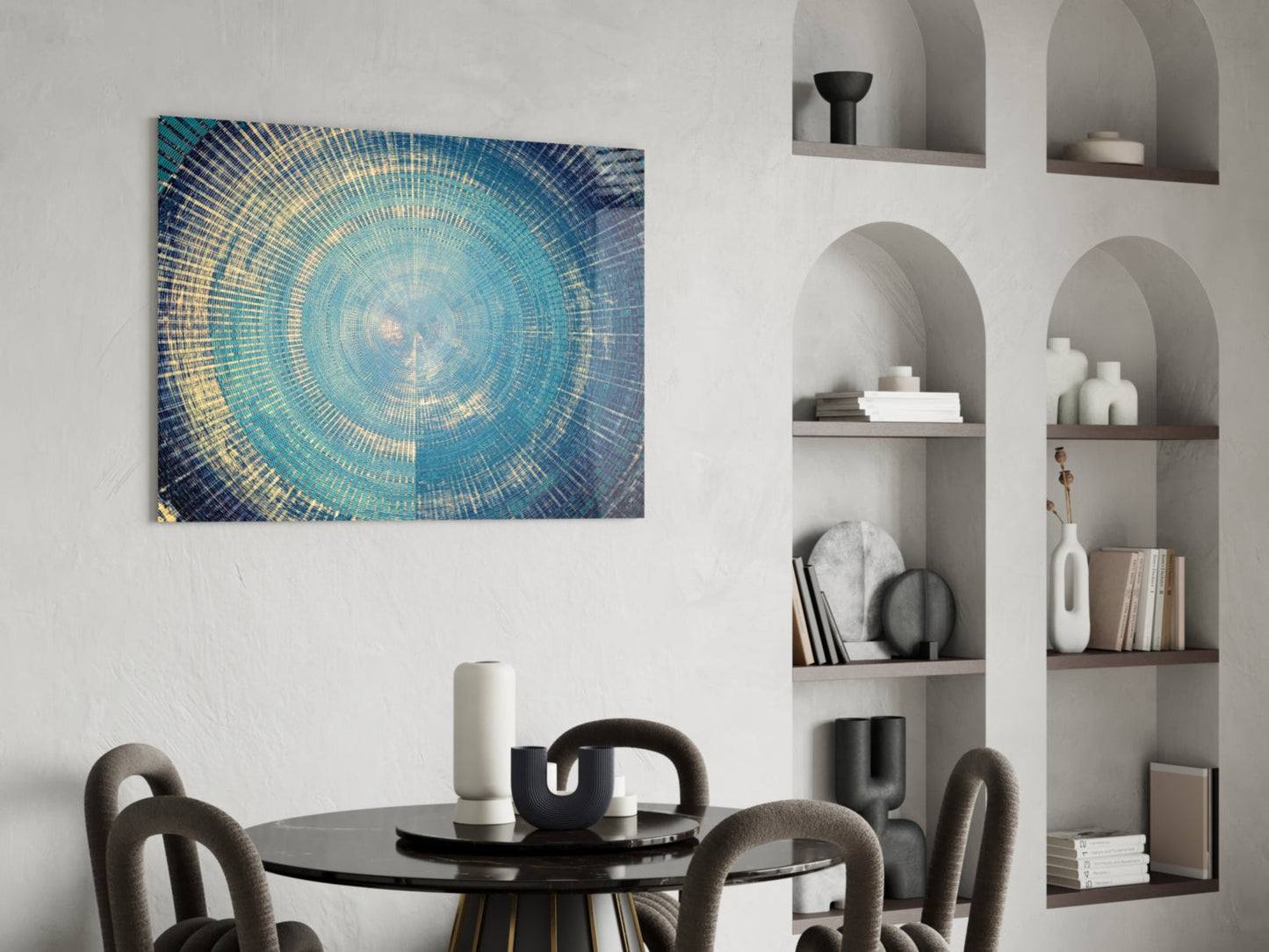 Blue and Gold Radial Rings Mosaic Glass Wall Art
