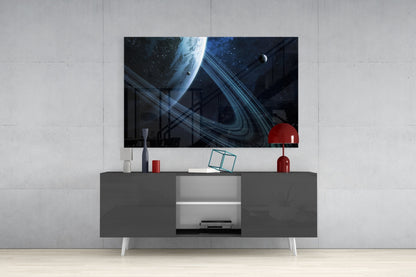 Blue Ringed Planet Glass Wall Art