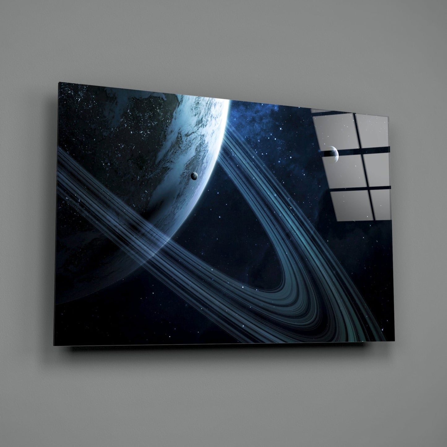 Blue Ringed Planet Glass Wall Art