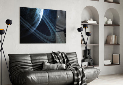 Blue Ringed Planet Glass Wall Art