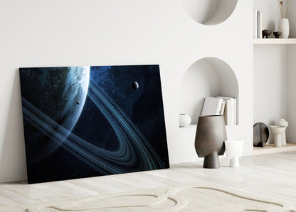 Blue Ringed Planet Glass Wall Art