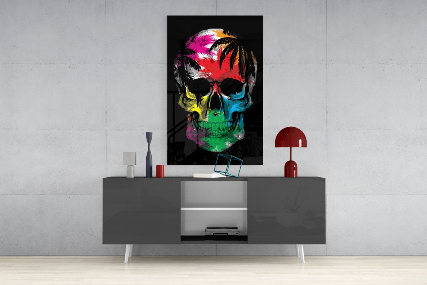 Rainbow Feather Paint Skull Glass Wall Art