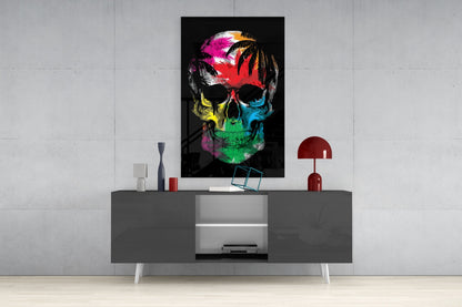 Rainbow Feather Paint Skull Glass Wall Art