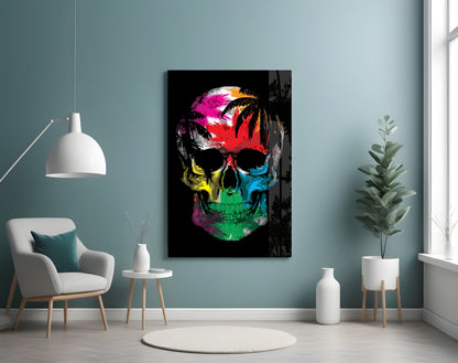 Rainbow Feather Paint Skull Glass Wall Art