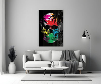 Rainbow Feather Paint Skull Glass Wall Art