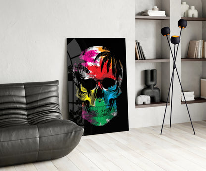 Rainbow Feather Paint Skull Glass Wall Art