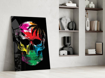 Rainbow Feather Paint Skull Glass Wall Art