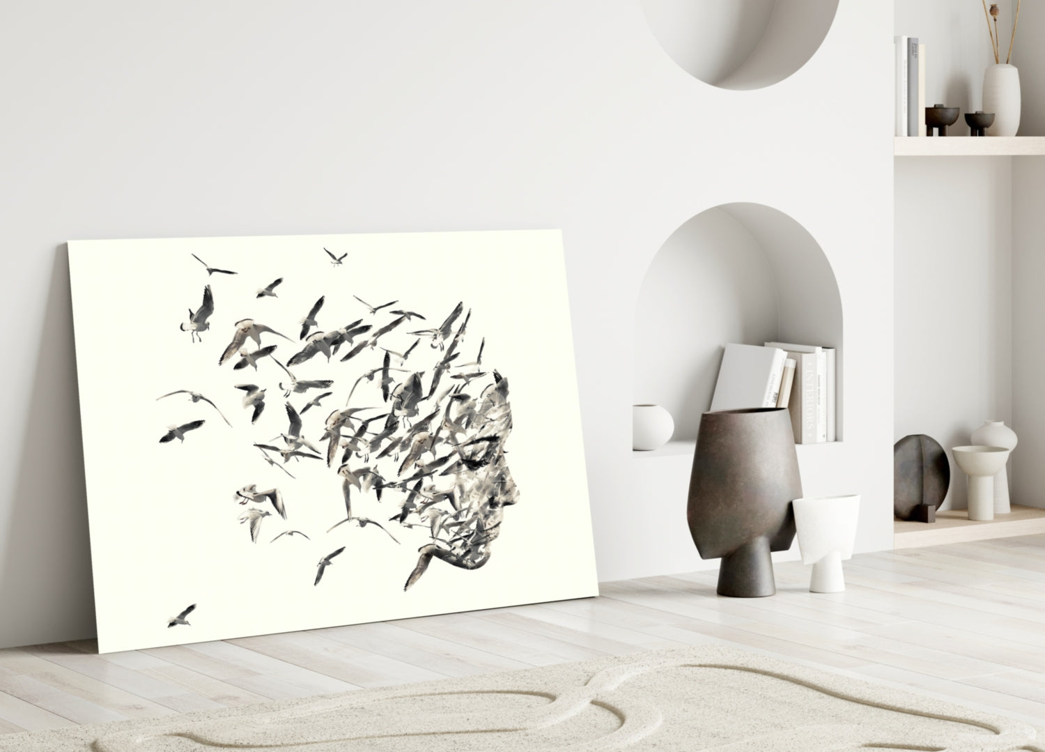 Modern minimalist interior with leaning glass artwork depicting a profile head dissolving into flying birds in black ink on white background.