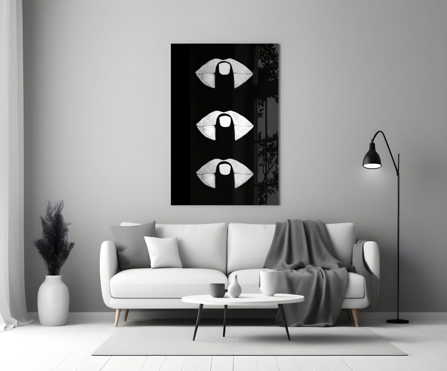 White Lips Trio on Black Glass Wall Art