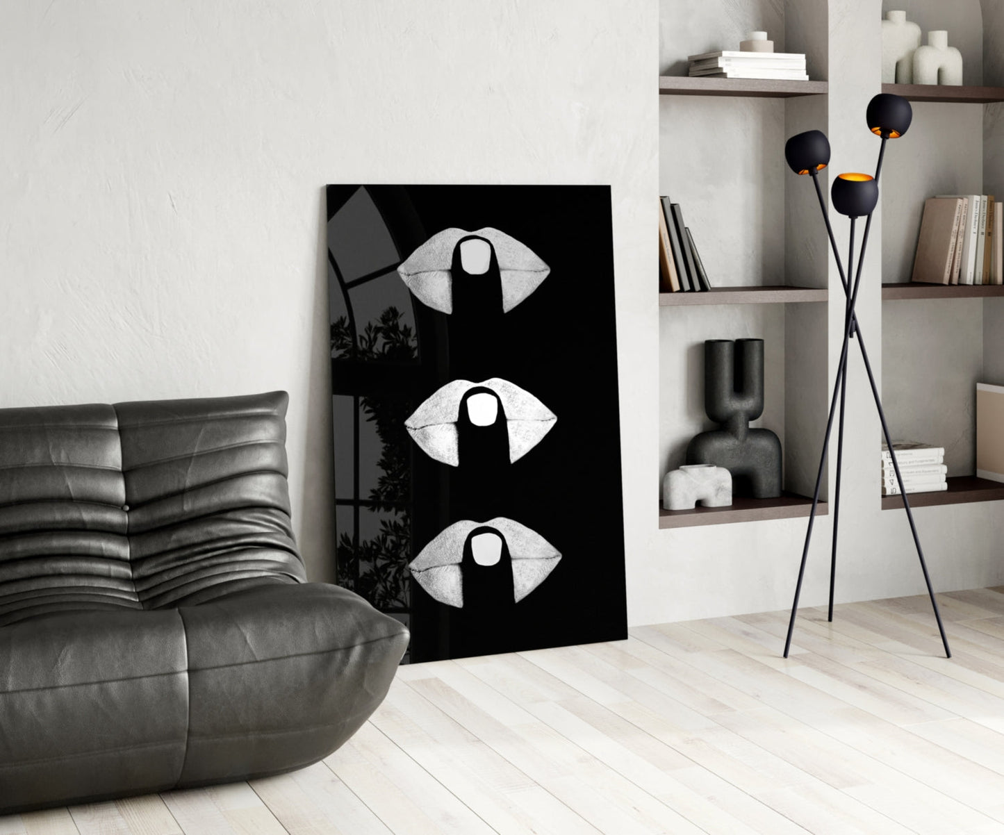 White Lips Trio on Black Glass Wall Art