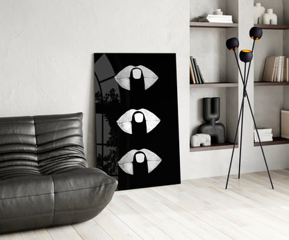 White Lips Trio on Black Glass Wall Art