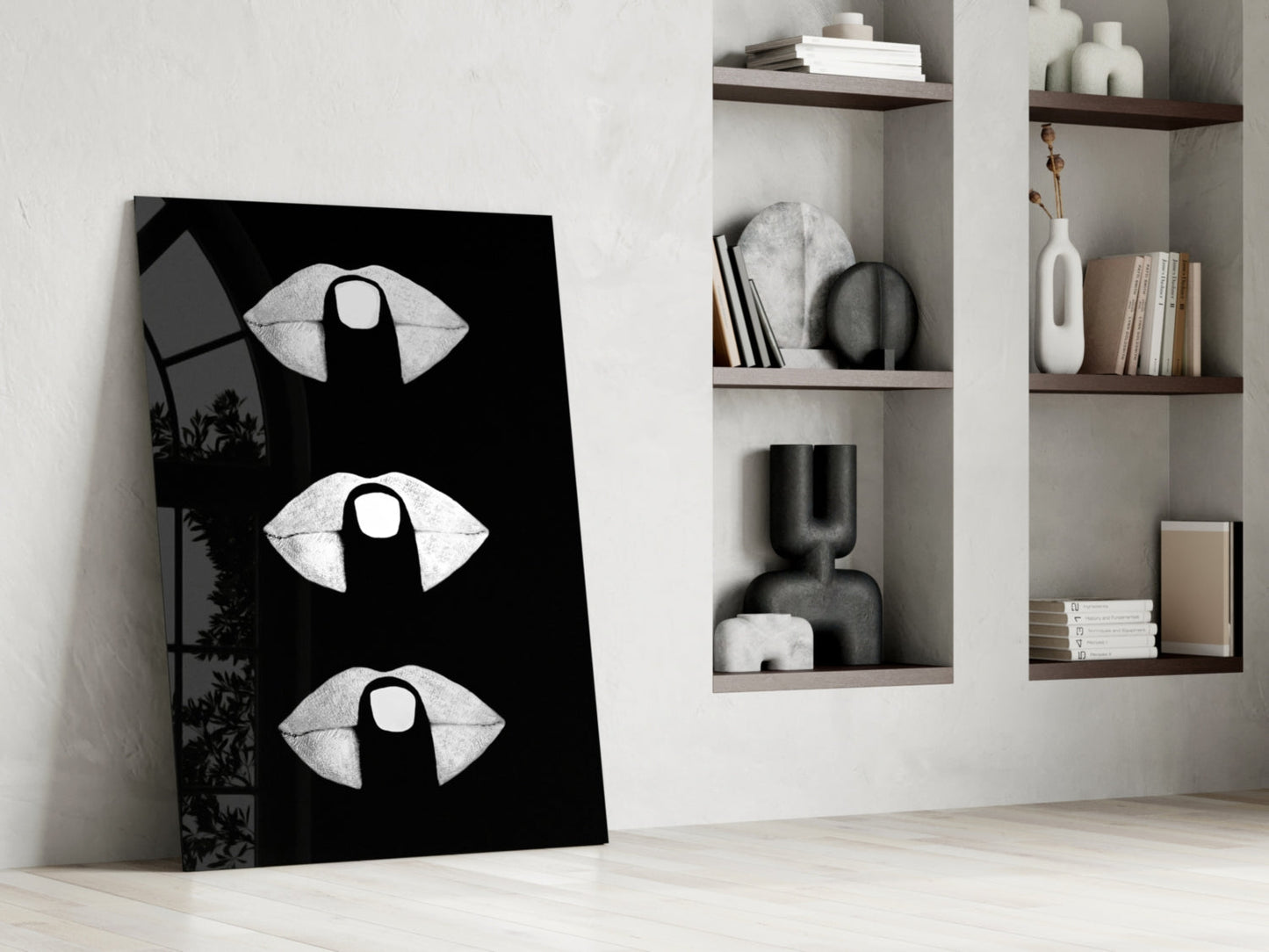 White Lips Trio on Black Glass Wall Art