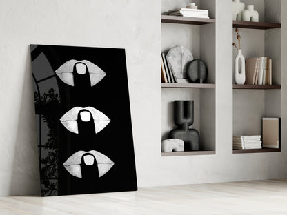 White Lips Trio on Black Glass Wall Art