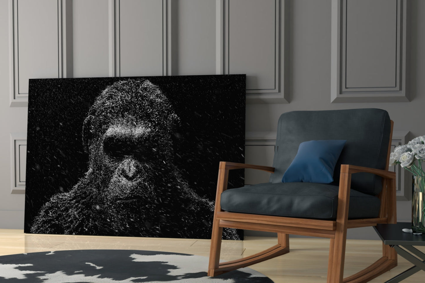 Dark Gorilla In Silver Rain Glass Wall Art