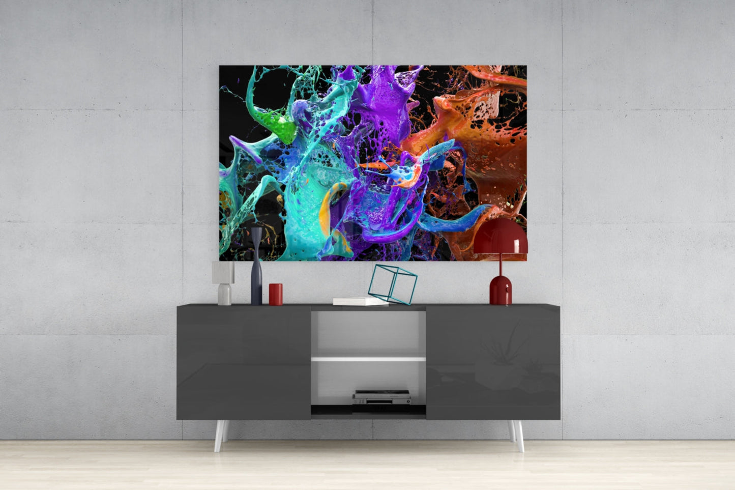 Teal Purple Paint Splash Glass Wall Art