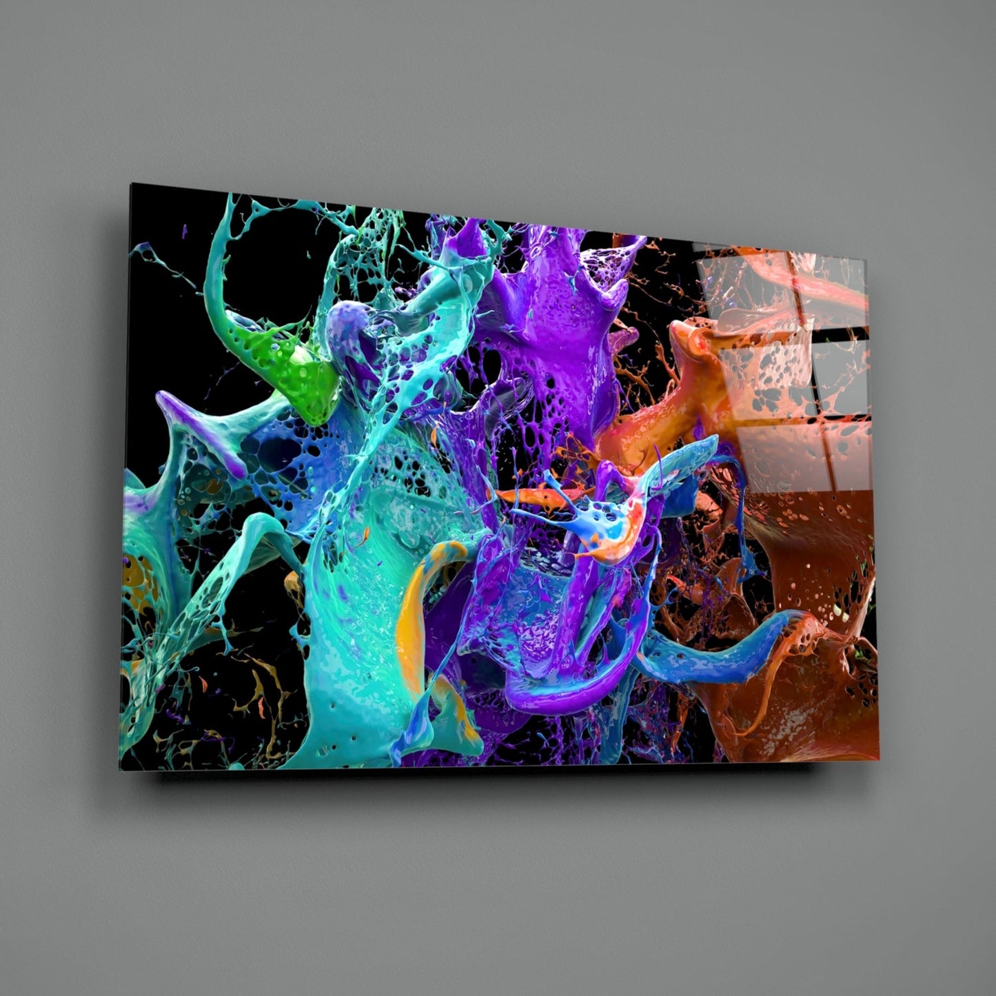Teal Purple Paint Splash Glass Wall Art