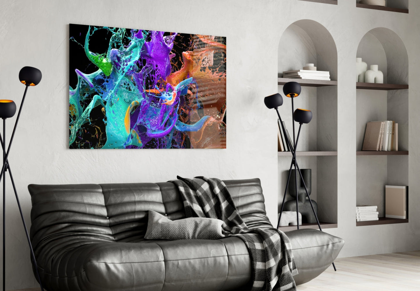 Teal Purple Paint Splash Glass Wall Art