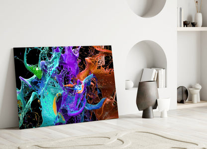 Teal Purple Paint Splash Glass Wall Art