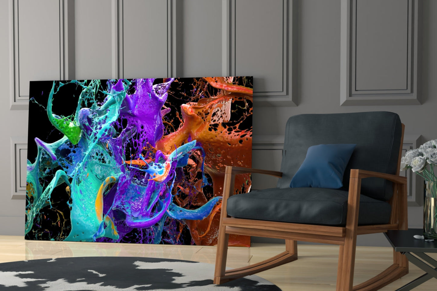 Teal Purple Paint Splash Glass Wall Art