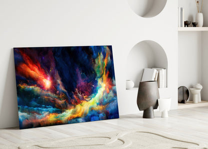 Colorful Space Glass Wall Art leaning against white wall in minimalist room with arched niche and decorative objects.
