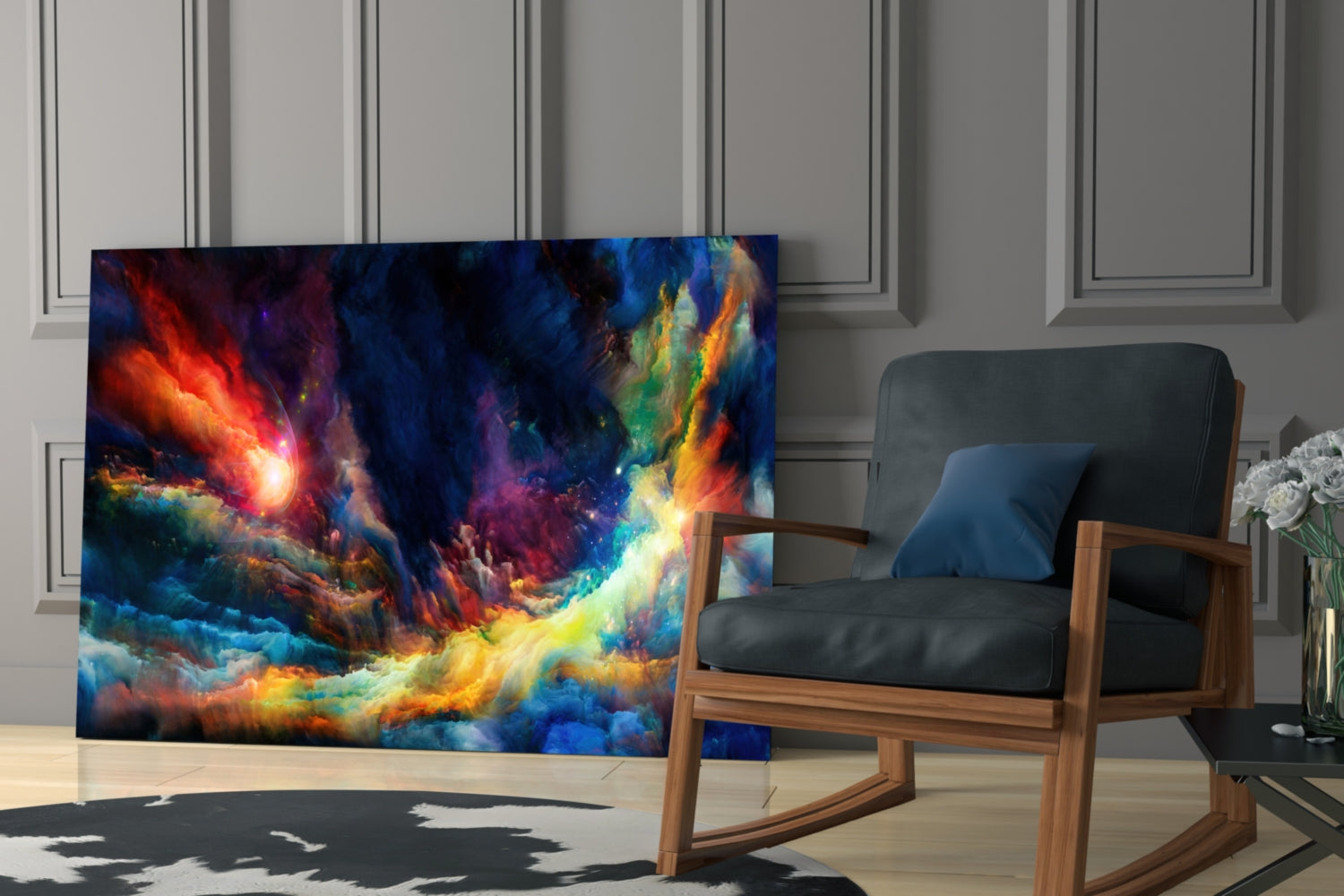 Vibrant abstract space glass art featuring swirling reds, blues, yellows, and oranges displayed in a modern living room with wooden chair.