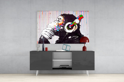 Ape With Headphones Dripping Paint Glass Wall Art
