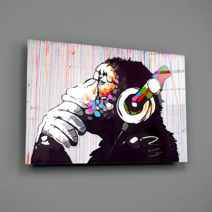 Ape With Headphones Dripping Paint Glass Wall Art