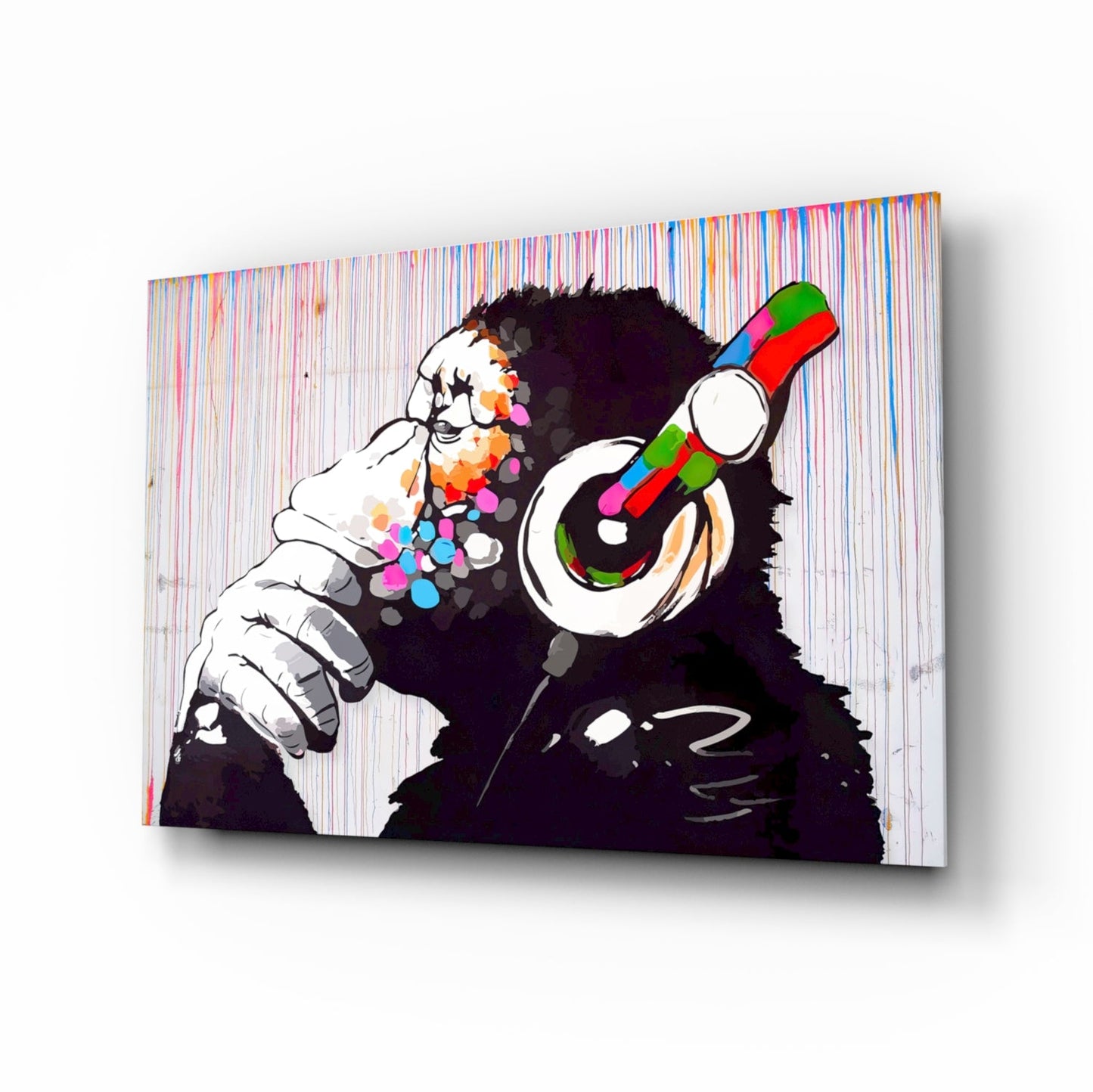 Ape With Headphones Dripping Paint Glass Wall Art