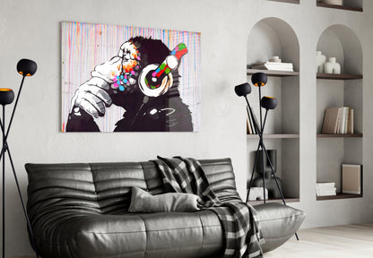 Ape With Headphones Dripping Paint Glass Wall Art