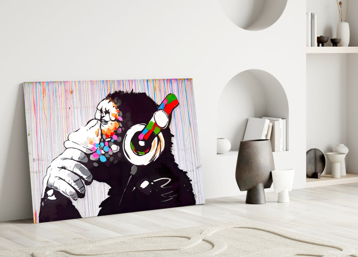 Ape With Headphones Dripping Paint Glass Wall Art