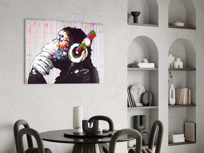 Ape With Headphones Dripping Paint Glass Wall Art