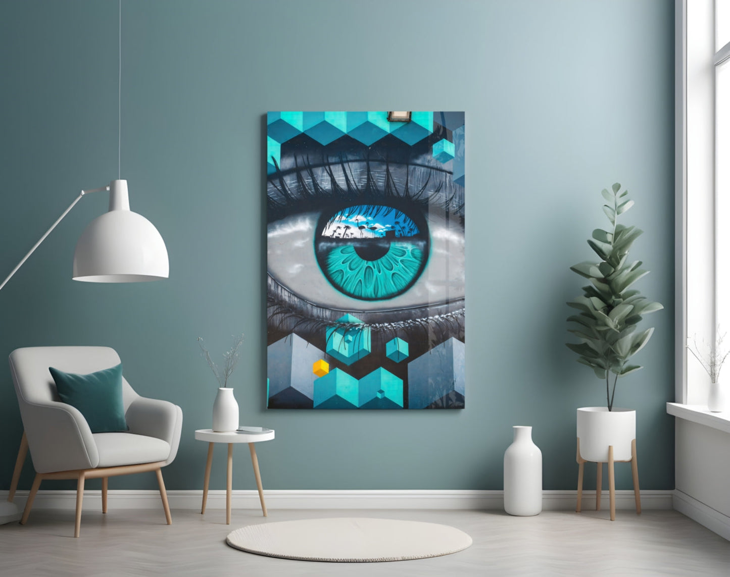 Turquoise eye wall art displayed in modern living room with white chair, pendant lamp, potted plant, and minimalist decor.