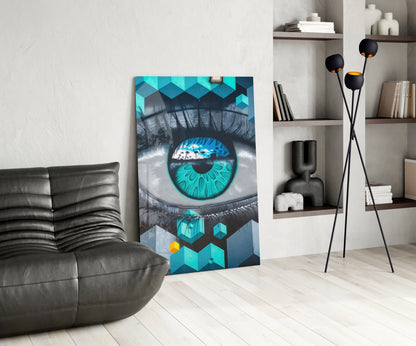 Modern living room interior featuring turquoise eye artwork displayed on white wall beside leather sofa and shelving.
