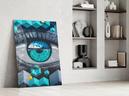 Modern living room interior with turquoise and black eye artwork leaning against white wall beside built-in shelving.
