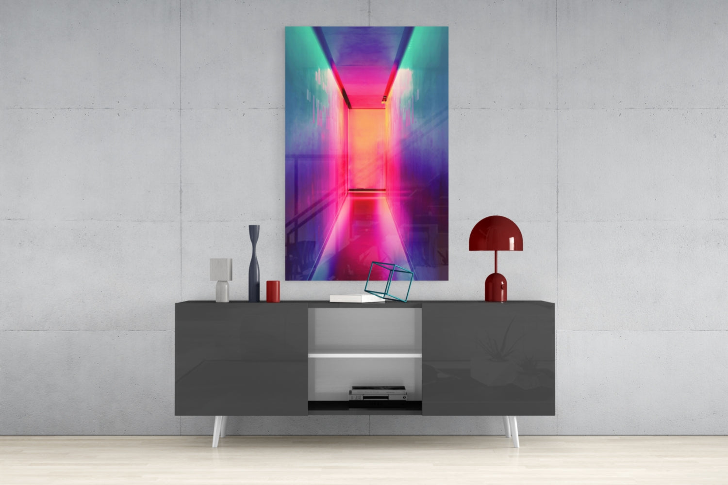 Neon corridor glass wall art in vibrant pink, purple, and cyan displayed above a dark gray console table with decorative accessories.