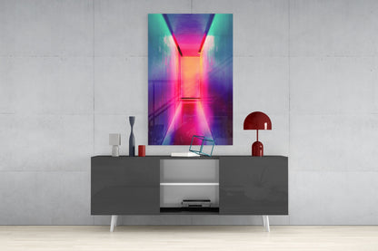 Neon corridor glass wall art in vibrant pink, purple, and cyan displayed above a dark gray console table with decorative accessories.
