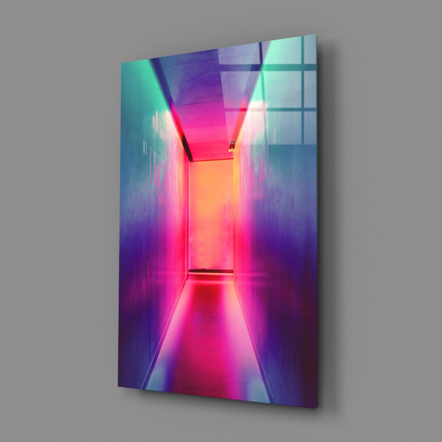 Angled view of glass wall art displaying a neon-lit corridor with vibrant magenta, pink, cyan, and purple gradients and grid patterns.