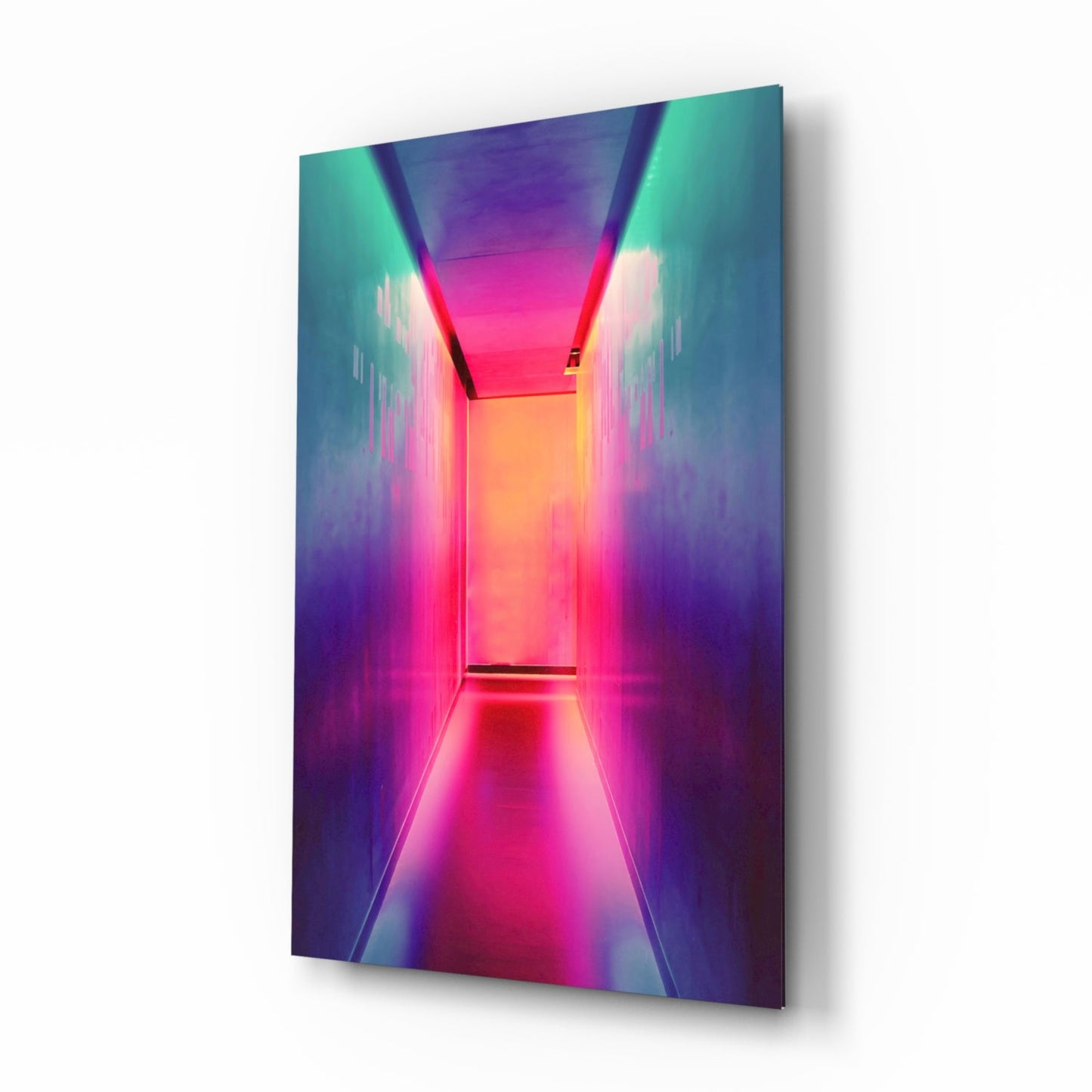 Angled 3D perspective view of glass wall art depicting a neon-lit hallway with vibrant pink, magenta, and cyan glowing walls and ceiling.